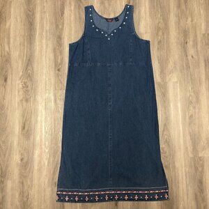 Vintage Women' s Size 1X Denim Maxi Dress American Patriotic Embroidered Plus
